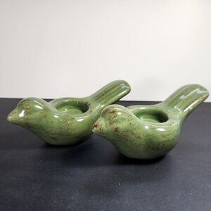 Ceramic Bird Candle Holder Tea Light Jade Green with Flecks of Brown Set Of 2
